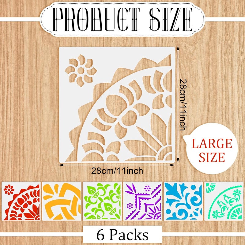 Watersay 6 Set Diwali Large Rangoli Stencil 11" x 11" Reusable Plastic Mandala Painting Stencil Indian Traditional Festival Painting on Wood Floor Wall Tile Fabric Furniture DIY Craft(Classic Style) - Image 2